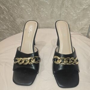 Forever 21 Black Mules with Gold Chain Accent